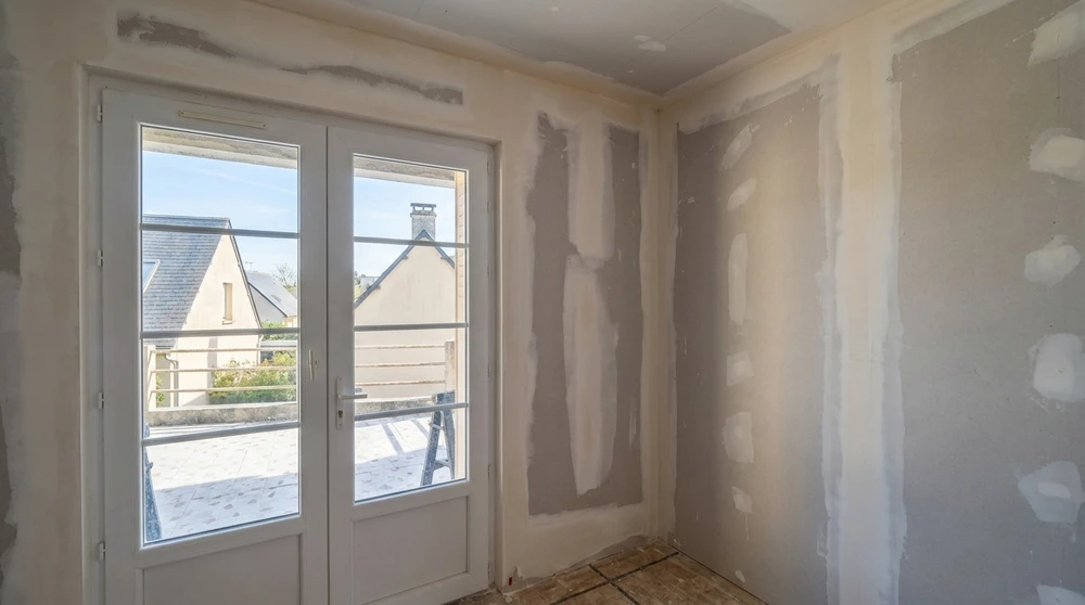 Pièce en cours de rénovation intérieure, murs en plaque de plâtre (BA13) avec enduit de rebouchage appliqué manuellement