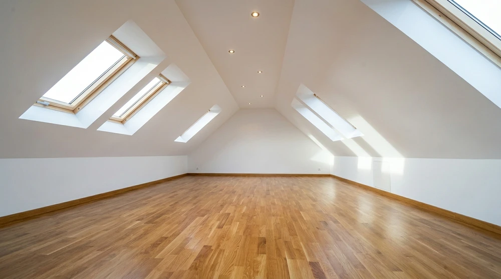 Comble aménagé vide, lumineux, avec plancher en parquet massif chêne, murs blancs avec plinthe bois assortie