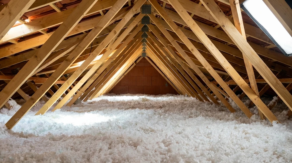 Combles d'une maison avec charpente en bois apparente, isolés par soufflage de ouate de cellulose blanche couvrant entièrement le plancher