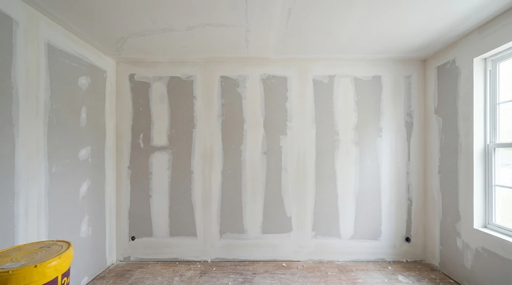Pièce en cours de rénovation intérieure, murs en plaques de plâtre (BA13) avec joints à la bande et enduit de lissage appliqué sur les jonctions verticales et horizontales