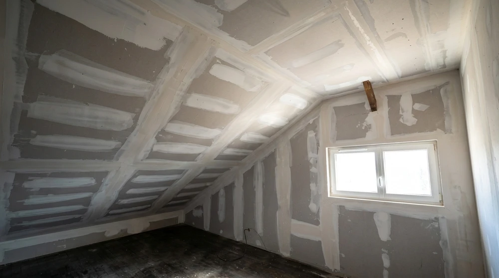 Pièce en cours de rénovation, combles aménagés avec plafond en pente