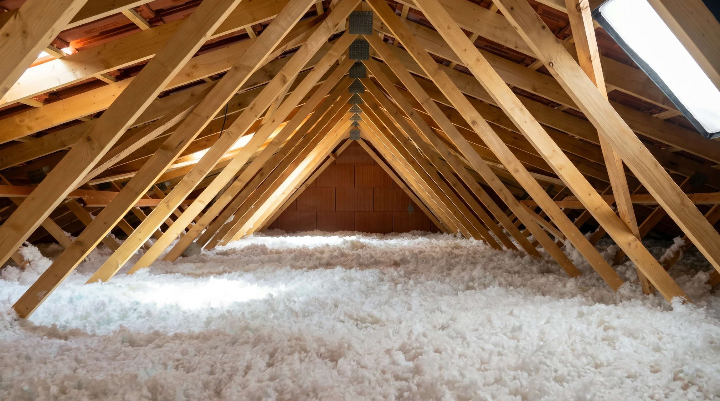 Technicien en tenue professionnelle de travail (combinaison de protection légère et masque respiratoire) effectuant l'insufflation d'isolant dans les combles d'une maison. Le technicien manipule l'équipement de soufflage dirigé vers les zones de combles vides. La scène est photographiée de manière à montrer le processus d'isolation par soufflage en action, dans un cadre résidentiel réel, avec un rendu professionnel et pertinent pour le secteur de la rénovation énergétique.
