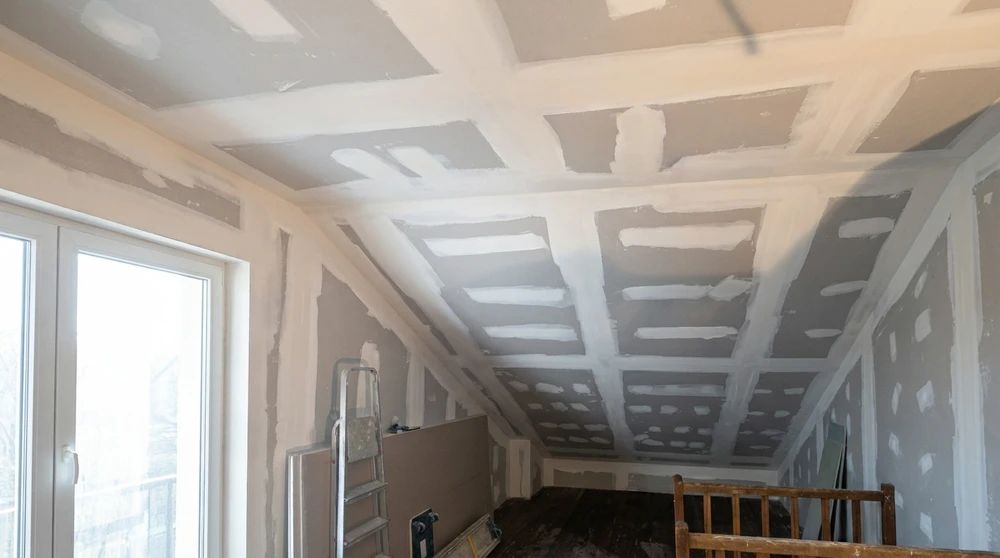 Photographie d'un chantier de rénovation dans les combles montrant l'installation de panneaux ou rouleaux d'isolation thermique (laine de verre, laine de bois ou ouate de cellulose) entre les chevrons d'une charpente bois. Un ouvrier en tenue professionnelle procède à la pose. L'atmosphère doit être professionnelle, claire et bien éclairée pour mettre en avant le travail de qualité réalisé.